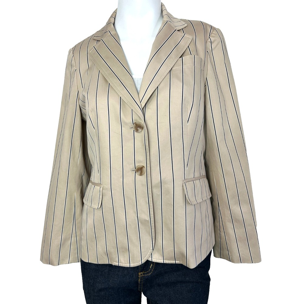 Talbots Blazer Womens 8P Beige Cotton Pinstripe Jacket Striped Navy Career Work